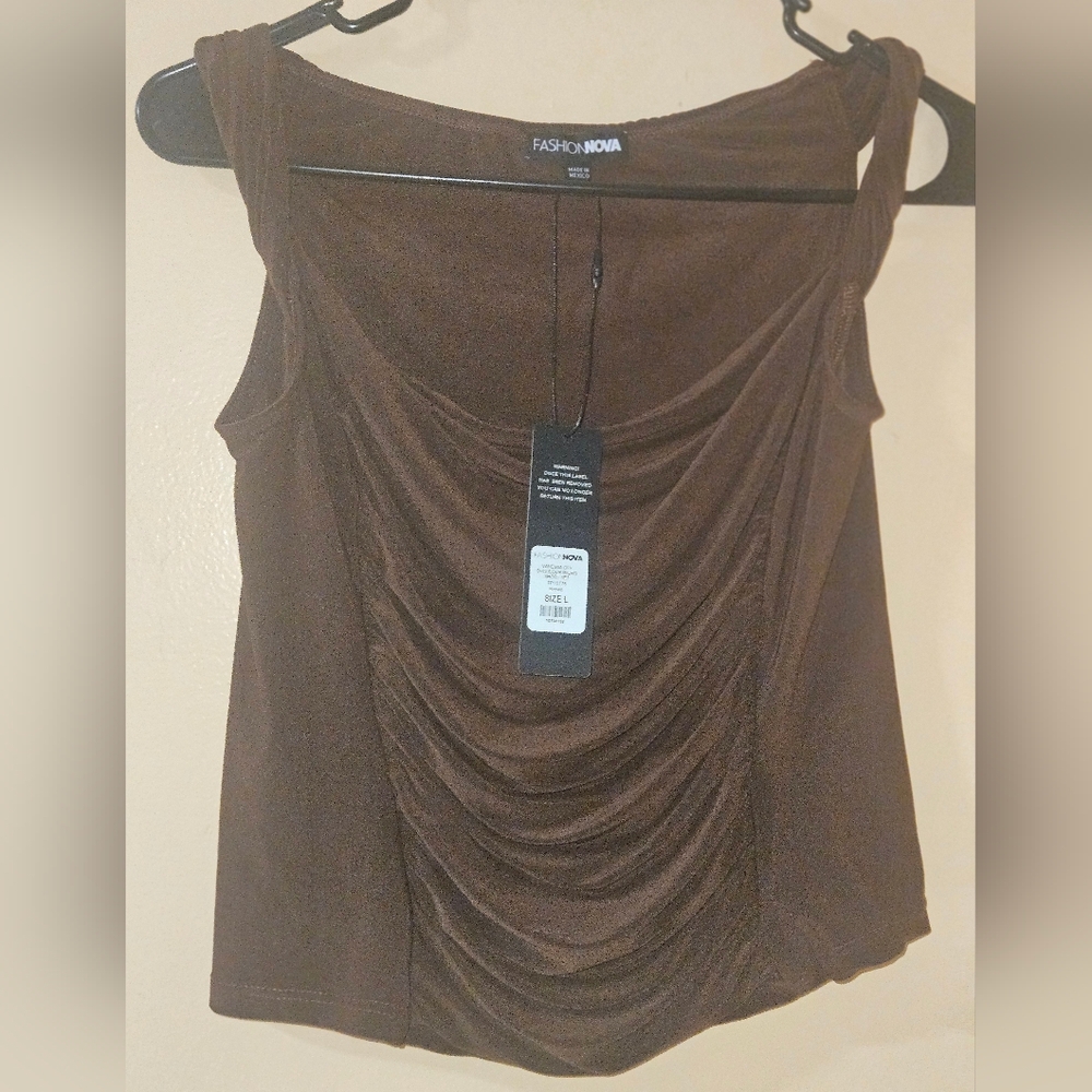 Fashion Nova Brown Ruched Scoop Neck Tank Top L
